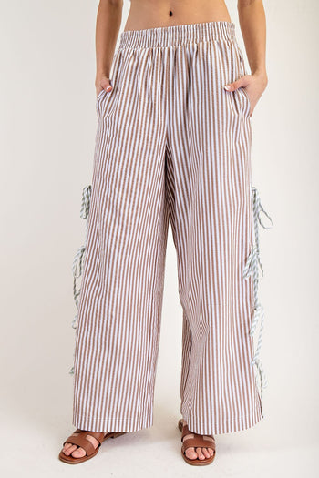 ee:some Striped Print Pants with Open Side Hem with Contrasting Color Ribbon Ties in Coco