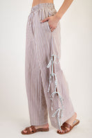 ee:some Striped Print Pants with Open Side Hem with Contrasting Color Ribbon Ties in Coco