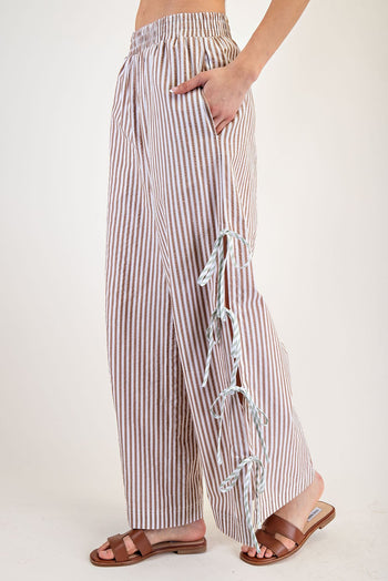 ee:some Striped Print Pants with Open Side Hem with Contrasting Color Ribbon Ties in Coco