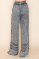 White Birch High Waisted Lightweight Tencel Pants with Mesh Floral Lace Details in Washed Black