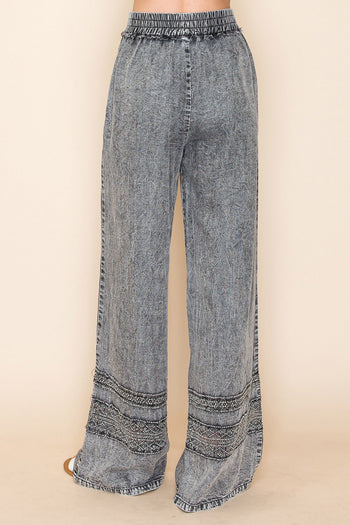 White Birch High Waisted Lightweight Tencel Pants with Mesh Floral Lace Details in Washed Black