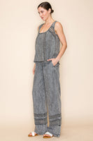 White Birch Lightweight Tencel Top with Mesh Floral Lace Details in Washed Black