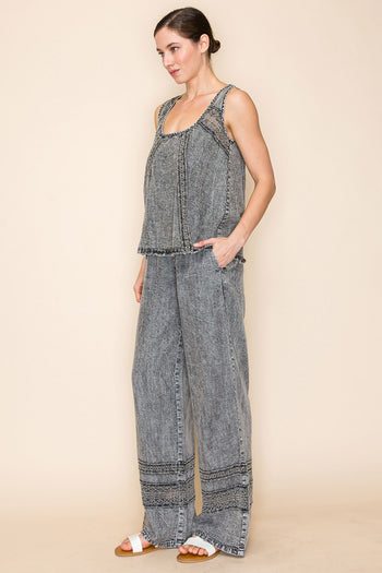 White Birch Lightweight Tencel Top with Mesh Floral Lace Details in Washed Black