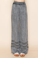 White Birch High Waisted Lightweight Tencel Pants with Mesh Floral Lace Details in Washed Black