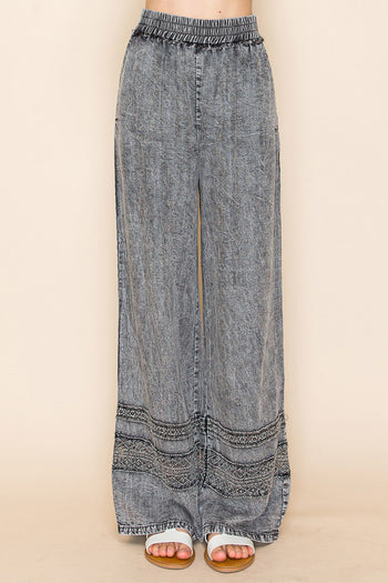 White Birch High Waisted Lightweight Tencel Pants with Mesh Floral Lace Details in Washed Black