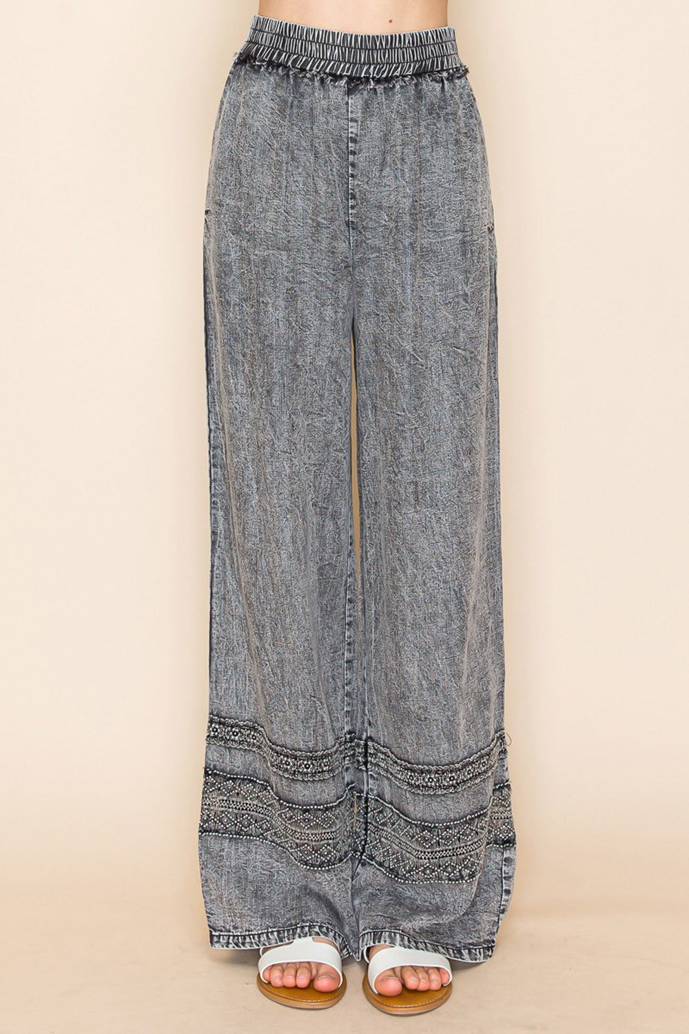 White Birch High Waisted Lightweight Tencel Pants with Mesh Floral Lace Details in Washed Black