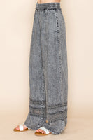 White Birch High Waisted Lightweight Tencel Pants with Mesh Floral Lace Details in Washed Black