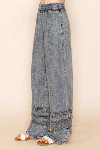 White Birch High Waisted Lightweight Tencel Pants with Mesh Floral Lace Details in Washed Black