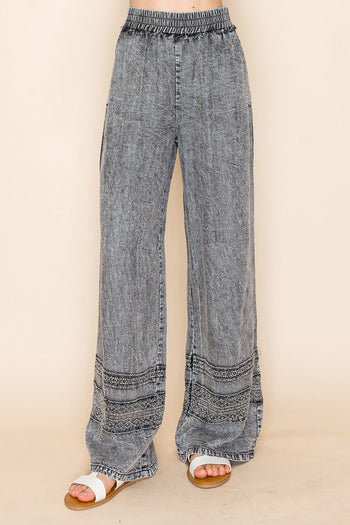 White Birch High Waisted Lightweight Tencel Pants with Mesh Floral Lace Details in Washed Black