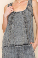 White Birch Lightweight Tencel Top with Mesh Floral Lace Details in Washed Black