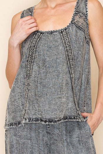 White Birch Lightweight Tencel Top with Mesh Floral Lace Details in Washed Black