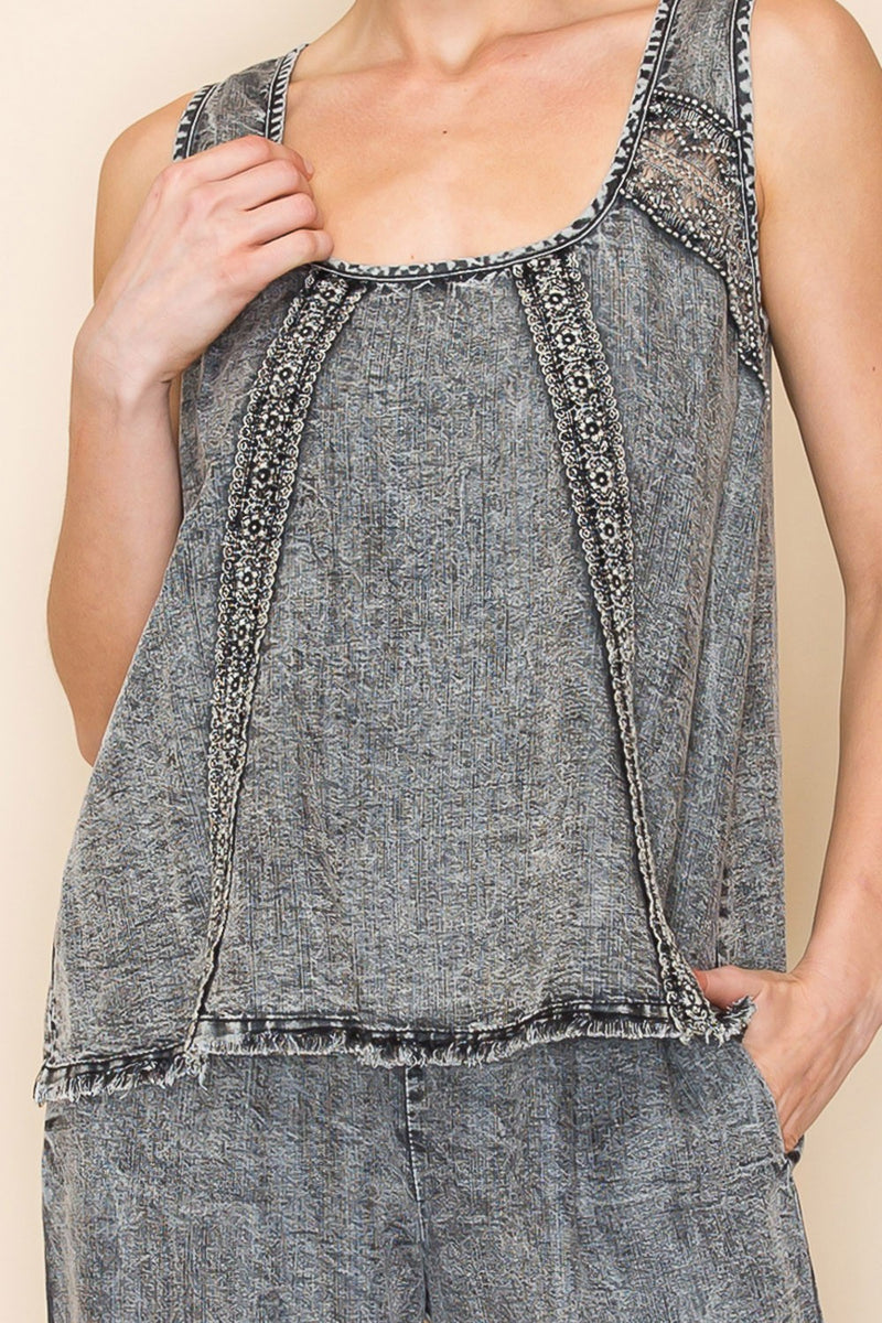 White Birch Lightweight Tencel Top with Mesh Floral Lace Details in Wa ...
