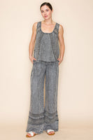 White Birch High Waisted Lightweight Tencel Pants with Mesh Floral Lace Details in Washed Black