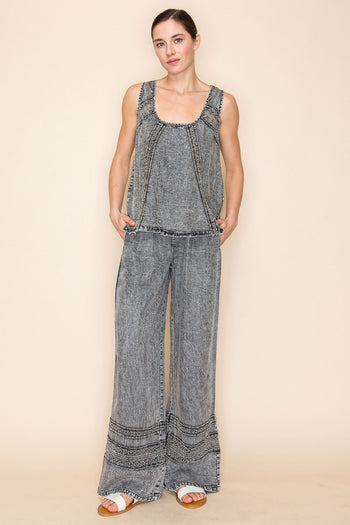 White Birch High Waisted Lightweight Tencel Pants with Mesh Floral Lace Details in Washed Black