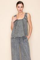 White Birch Lightweight Tencel Top with Mesh Floral Lace Details in Washed Black