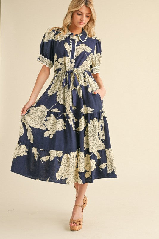 Jodifl Flower Print Belted Midi Dress in Navy S
