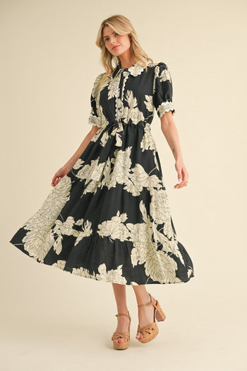 Jodifl Flower Print Belted Midi Dress in Black