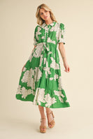 Jodifl Flower Print Belted Midi Dress in Green