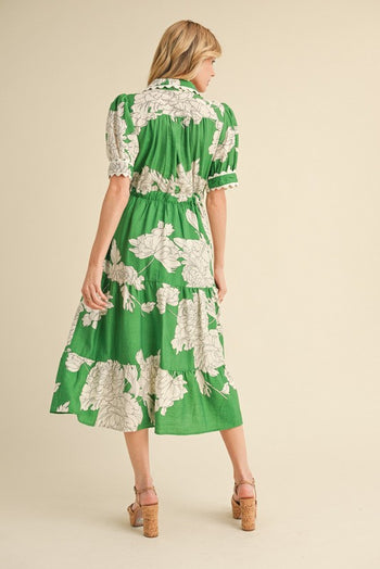 Jodifl Flower Print Belted Midi Dress in Green