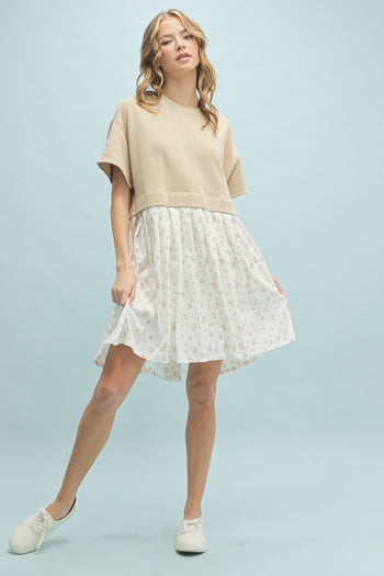 Wishlist Mixed Media Solid and Floral Print Mini Dress in Taupe Combo