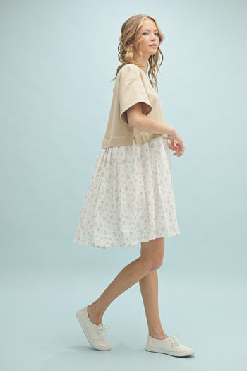 Wishlist Mixed Media Solid and Floral Print Mini Dress in Taupe Combo