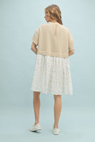 Wishlist Mixed Media Solid and Floral Print Mini Dress in Taupe Combo