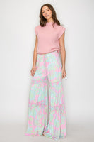 Wisteria Lane Woven Palazzo Tiered Pants with Floral Print in Mint/Pink