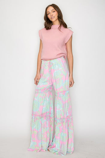 Wisteria Lane Woven Palazzo Tiered Pants with Floral Print in Mint/Pink