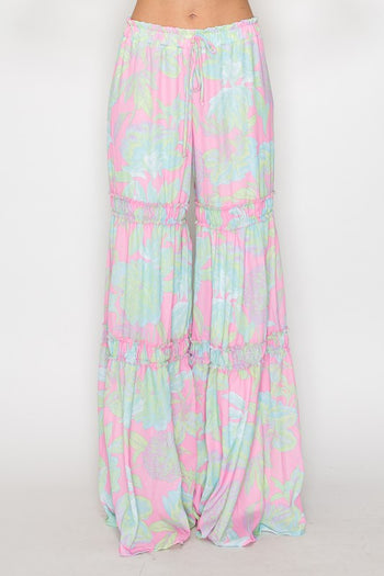 Wisteria Lane Woven Palazzo Tiered Pants with Floral Print in Mint/Pink