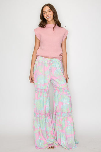 Wisteria Lane Woven Palazzo Tiered Pants with Floral Print in Mint/Pink