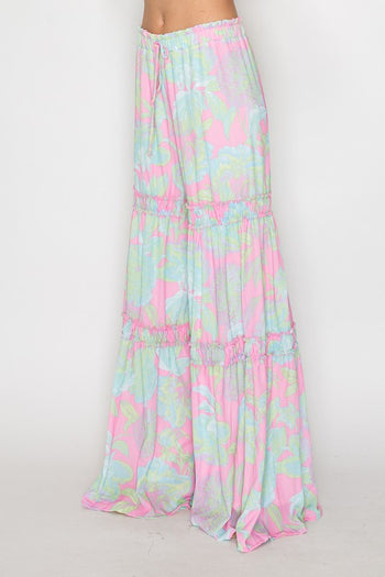 Wisteria Lane Woven Palazzo Tiered Pants with Floral Print in Mint/Pink