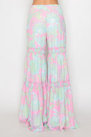 Wisteria Lane Woven Palazzo Tiered Pants with Floral Print in Mint/Pink