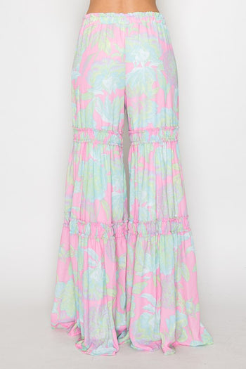 Wisteria Lane Woven Palazzo Tiered Pants with Floral Print in Mint/Pink
