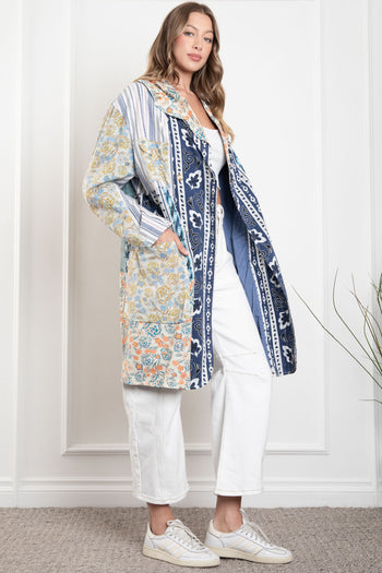 BlueVelvet Color Block Multi Print Long Double Breasted Jacket in Navy-Multi