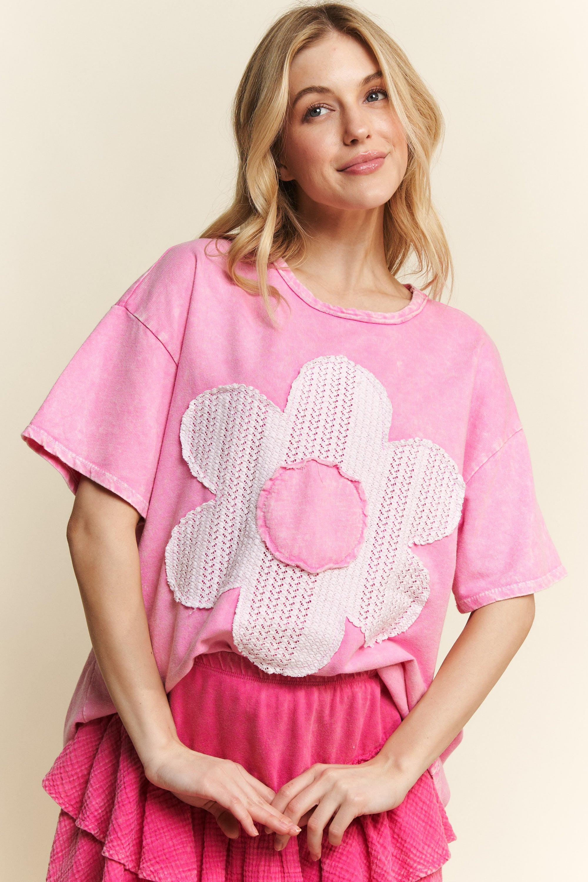 J.Her Solid Color Cotton Top with Contrasting Flower Patch Front
