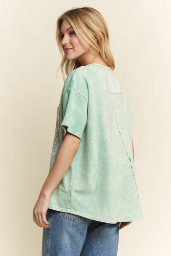 J.Her Solid Color Cotton Top with Contrasting Flower Patch Front in Mint