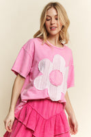 J.Her Solid Color Cotton Top with Contrasting Flower Patch Front in Bubble Gum