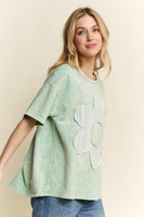 J.Her Solid Color Cotton Top with Contrasting Flower Patch Front in Mint