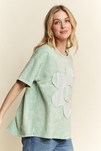 J.Her Solid Color Cotton Top with Contrasting Flower Patch Front in Mint