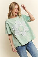 J.Her Solid Color Cotton Top with Contrasting Flower Patch Front in Mint