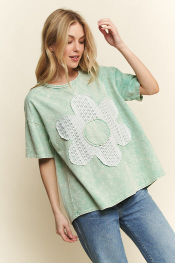 J.Her Solid Color Cotton Top with Contrasting Flower Patch Front in Mint