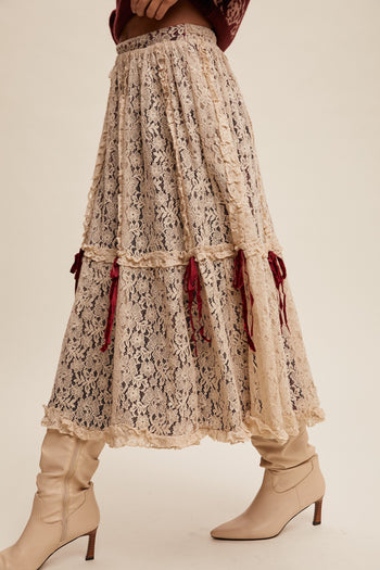 Listicle Lace Midi Skirt with Bow Details in Natural