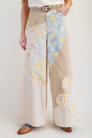 Easel Mix n Match Flower Patched Woven Pants in Beige