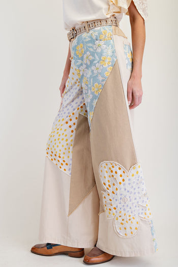 Easel Mix n Match Flower Patched Woven Pants in Beige