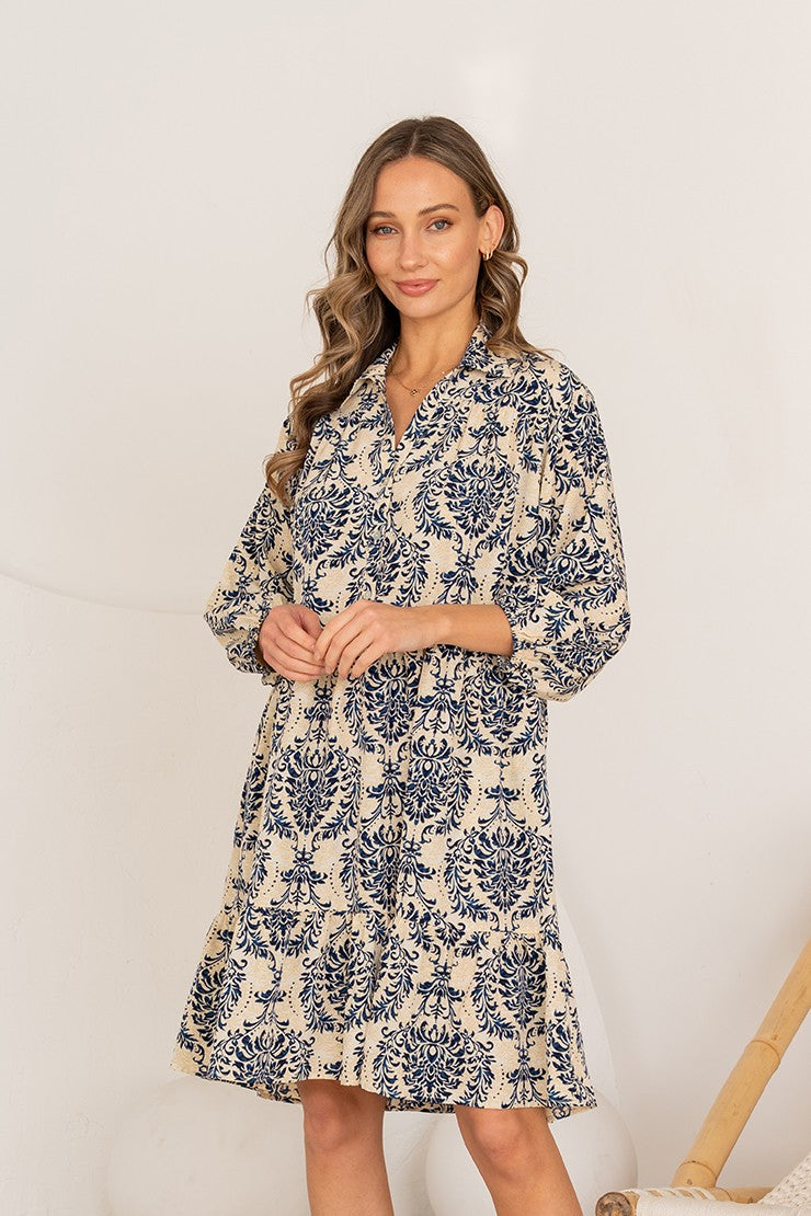 sew long sleeve dress Sew in Love Floral Print Dress in Ivory/Navy S
