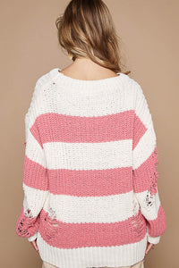 POL Chenille Striped Distressed Sweater in Cream/Pink