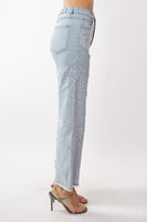 Davi & Dani Denim Pants with Paisley and Ditzy Floral Print in Light Denim