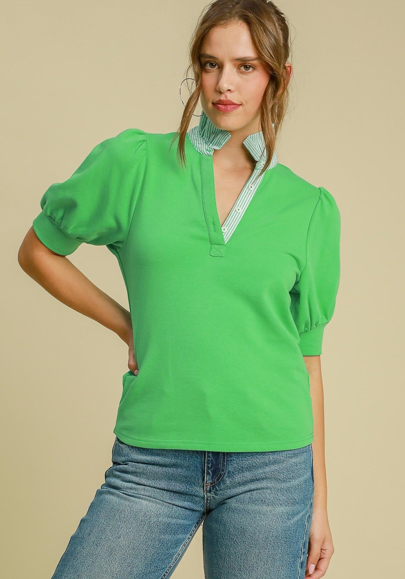 Umgee Ruffled High Neck Collar Top in Apple Green – June Adel