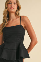 Klesis Solid Color Linen Blend Peplum Top and Pants Set in Black