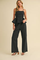Klesis Solid Color Linen Blend Peplum Top and Pants Set in Black